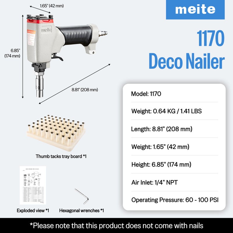 meite 1170 Pneumatic Deco Nail Gun 7/16 Inch (11.7mm) Head Diameter Air Decorative Tack Nailer Pins Nailer for Sofa Leather, Upholstering Furniture - Image 2